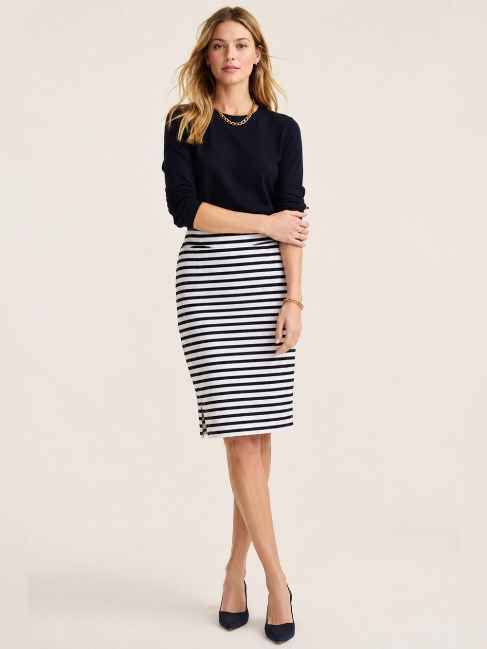 Banana Republic Womens Ponte Pencil Skirt Sz 0 Black White Stripe Stretch Preppy